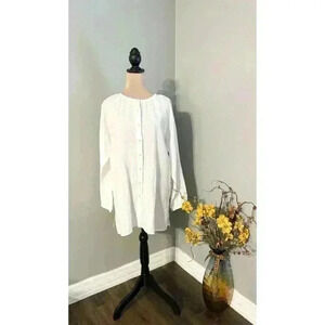 EILEEN FISHER Irish Linen Top Blouse Mandarin Collar White Coastal Grandmother S